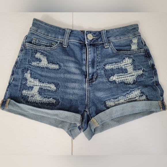SO Brand Medium Blue Wash Distressed High Rise Shortie Denim Jean Shorts - Picture 1 of 6